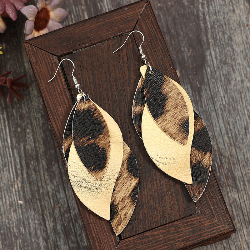 Wholesale Retro style three-layer PU leather leopard print earrings