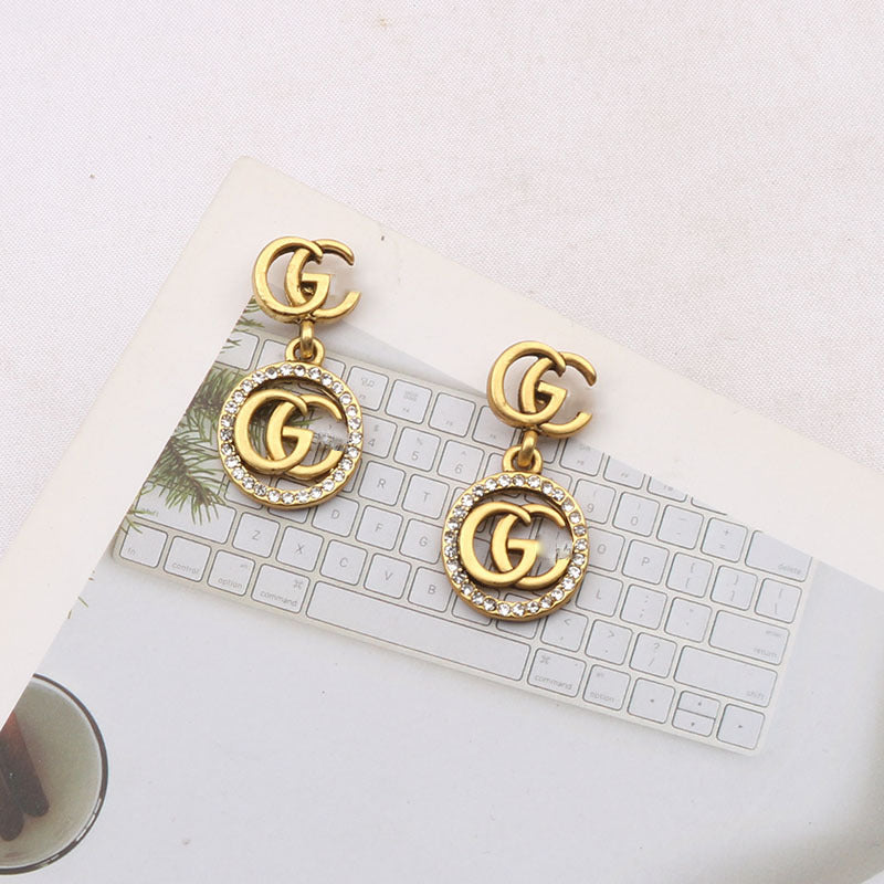 Wholesale Retro European Style Double G Long Circle Earrings Rhinestone Alloy for Women Fashion Accessory