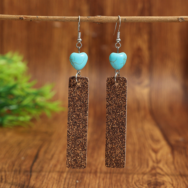 Wholesale Natural Cork Turquoise Long Pendant Western Cowboy Earrings