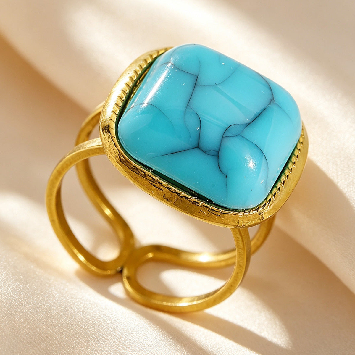 Wholesale Vintage Imitation Turquoise Ring Square Stone 304 Stainless Steel Open Jewelry Gift Boutique Resale
