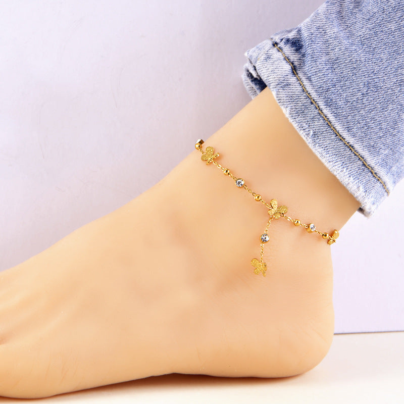 Wholesale  Titanium Steel tassel design anklet zircon white shell butterfly flower  foot jewelry