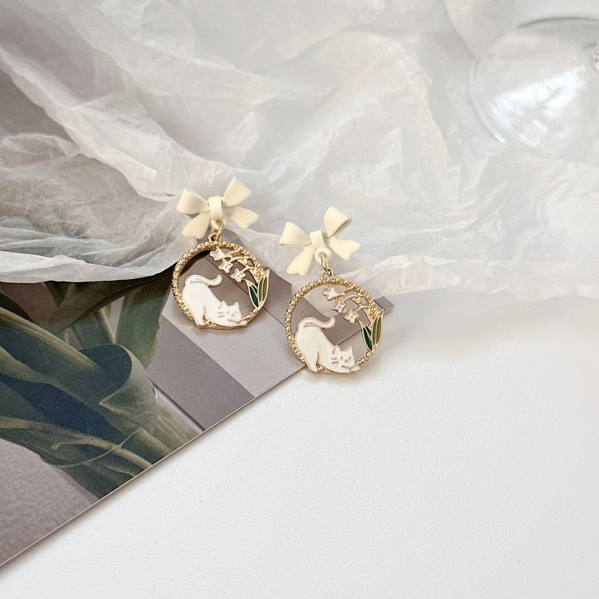 Wholesale Japanese Korean Style Cat Bow Earrings,  Alloy Clip-On Flower Design,  Fashion Accessory for Party Boutique Resale