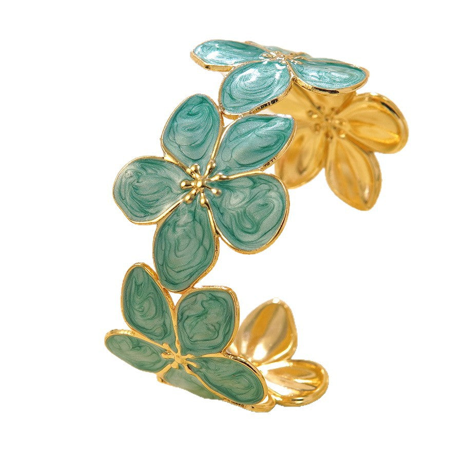 Wholesale Dripping Oil Flower Stainless Steel C-Shape Open Bracelet Fashion Jewelry Accessory