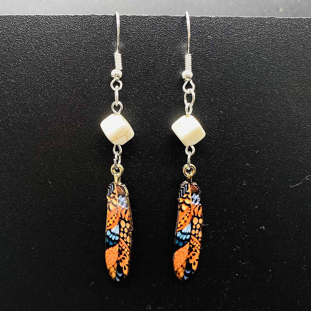 Wholesale Simulated Feather Blue Turquoise Bead and Leaf Stud Earrings