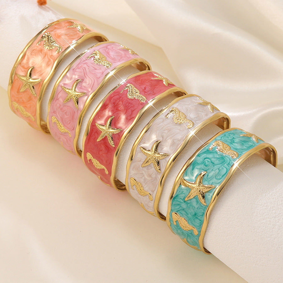Wholesale Stainless Steel Drip Oil Open Bangle Bracelet with Seahorse Starfish Design - Casual Vacation Style Fashion Accessory for Gift and Boutique Resale