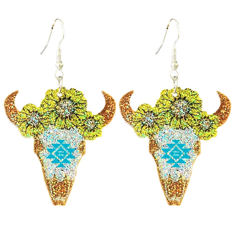 Wholesale 2pairs/pack Western Sparkling Earrings Cowboy Word Sunset Bull Head Boots Earrings