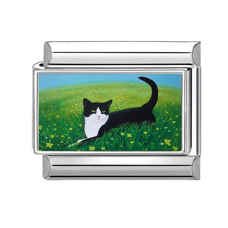 Wholesale Italian Style Cat and Flower Creative Stainless Steel DIY Bracelet Accessories Jewelry Gift