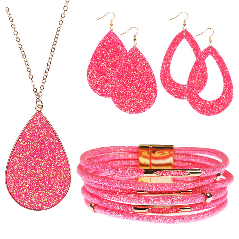 Wholesale Four-Piece Jewelry Set  Multi-Color Sequin Alloy Necklace Pu Leather Earrings Magnetic Bracelet