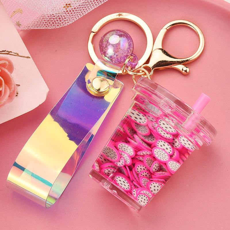 Wholesale Acrylic Milk Tea Cup Fruit Piece Floating Leather Rope Creative Key Chain