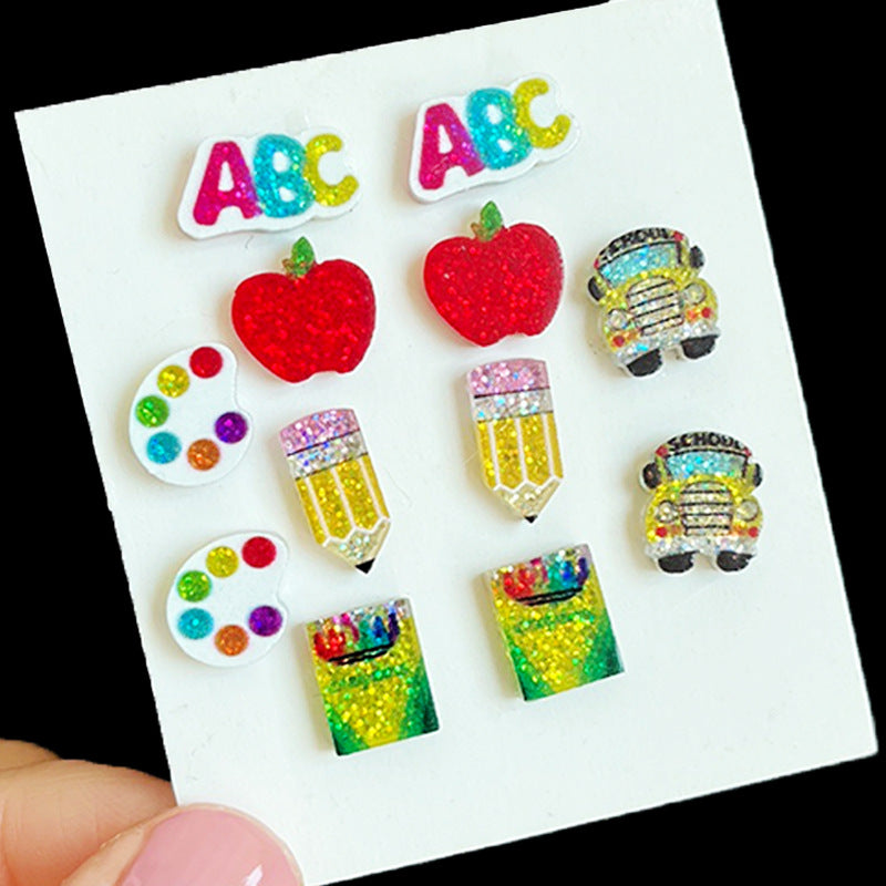 Wholesale  Teacher Bright Crystal Earrings Apple Pencil Earrings