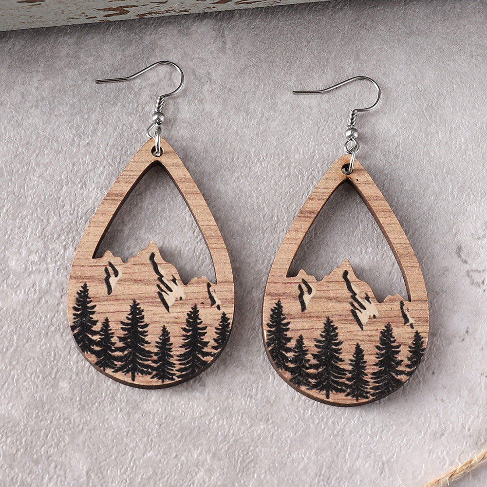 Wholesale Western Wind Mountain Pine Wood Water Drop Pendant Earrings