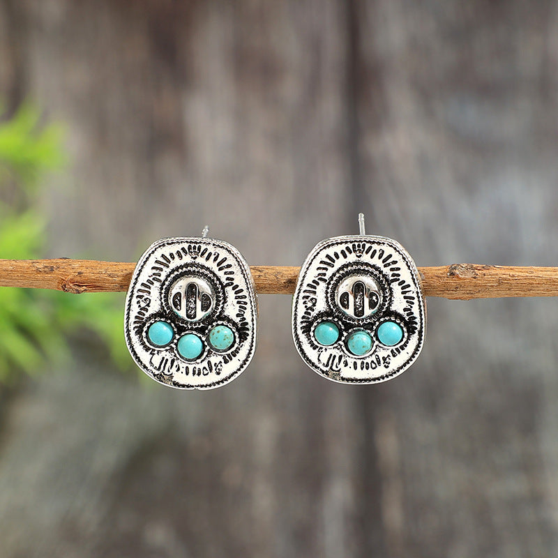 Wholesale Vintage Bohemian Alloy Distressed Totem Earrings Geometric Turquoise Jewelry Accessory