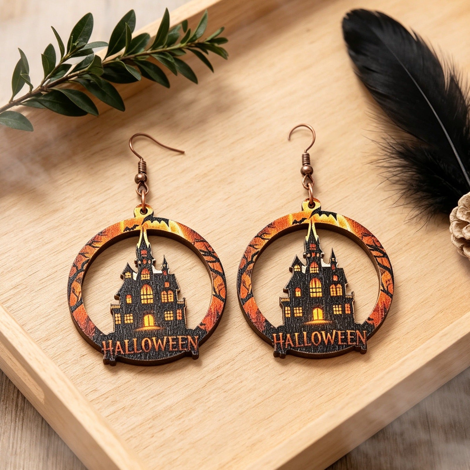 Wholesale Wooden Bat Moon Castle Earrings  Hollow Round Gothic Jewelry Gift