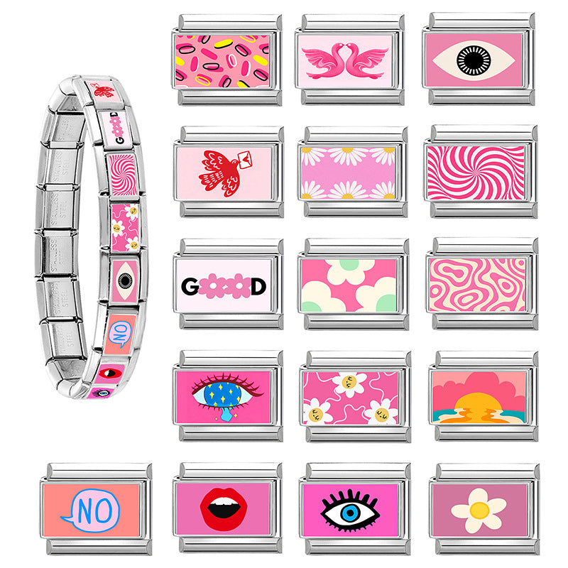 Wholesale Pink series flower  DIY  Single Section Creative Stainless Steel Composable Bracelet