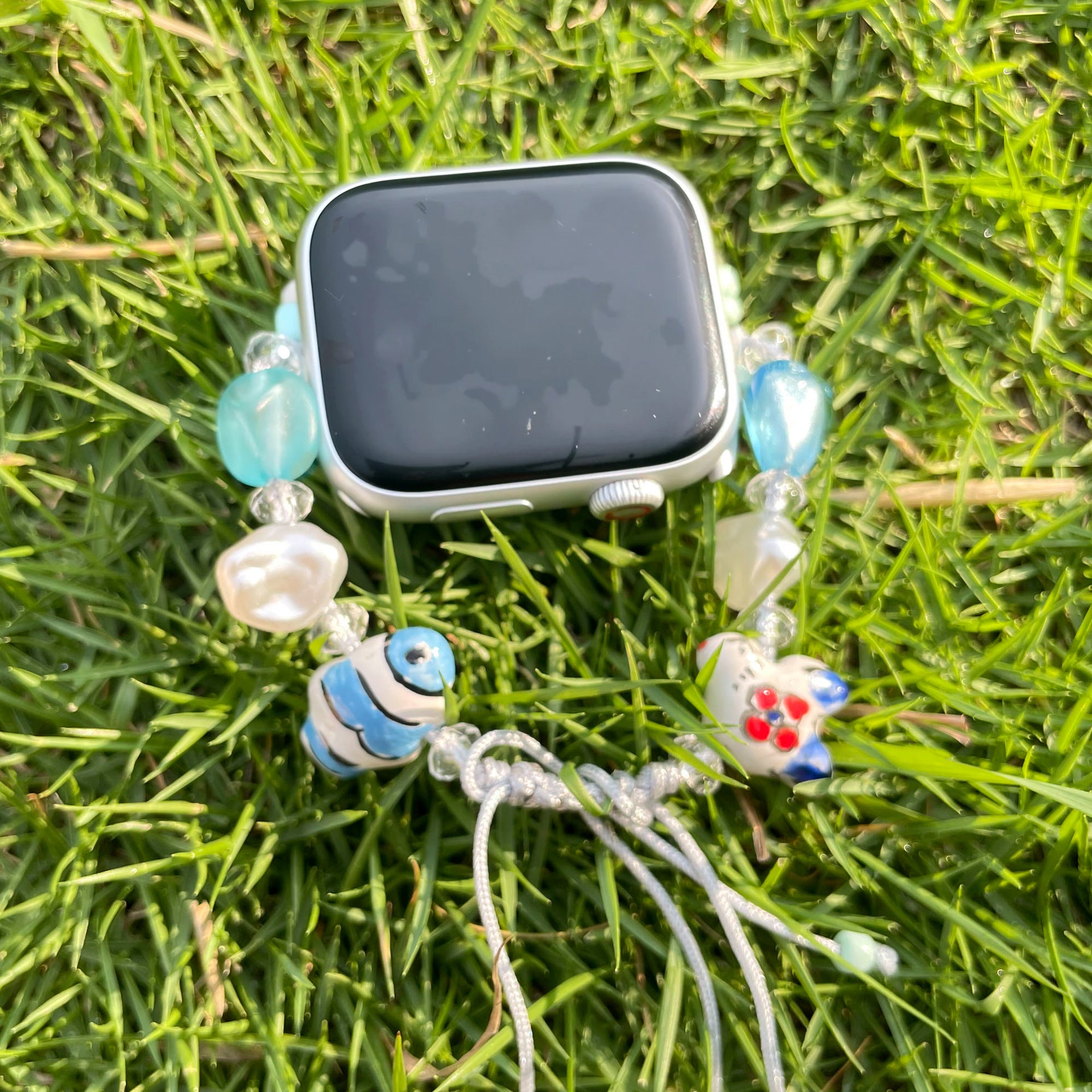 Wholesale Hand Made Beaded Ceramic Bunny with Heart Motif  Fresh Blue  Bracelet-Style Watch Band