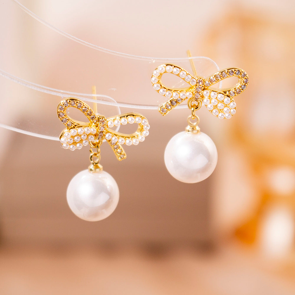 Wholesale Silver Needle High-grade Zircon Butterfly Pearl Earrings