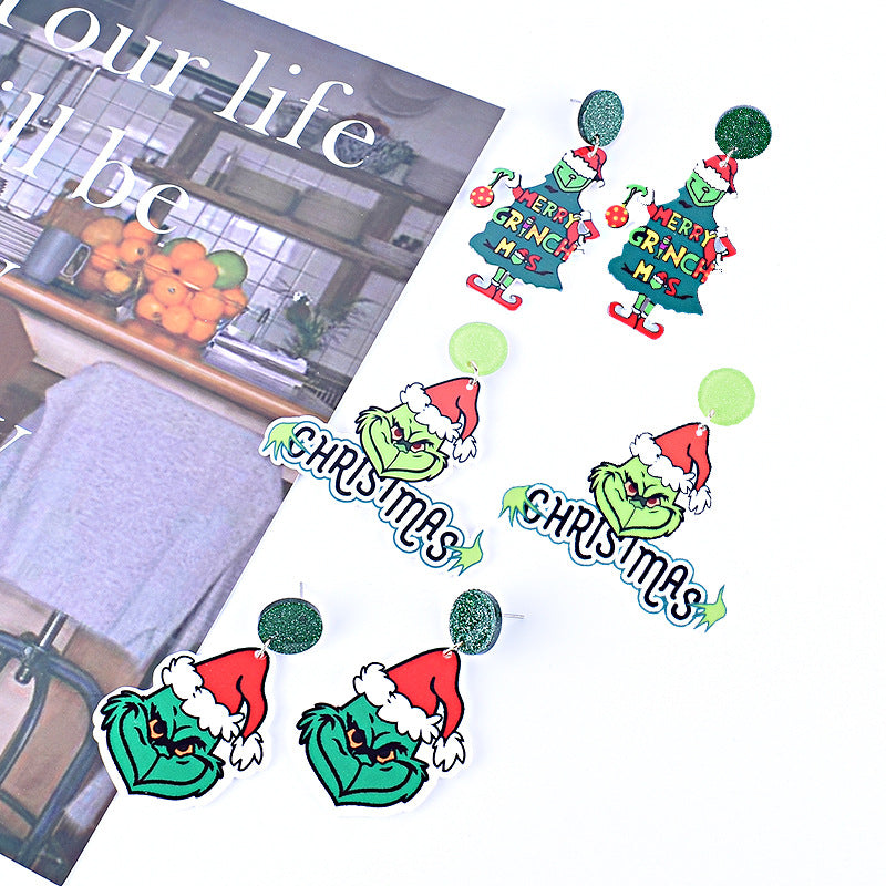 Wholesale Christmas Green Furry Monster  Heart-Shaped Earrings