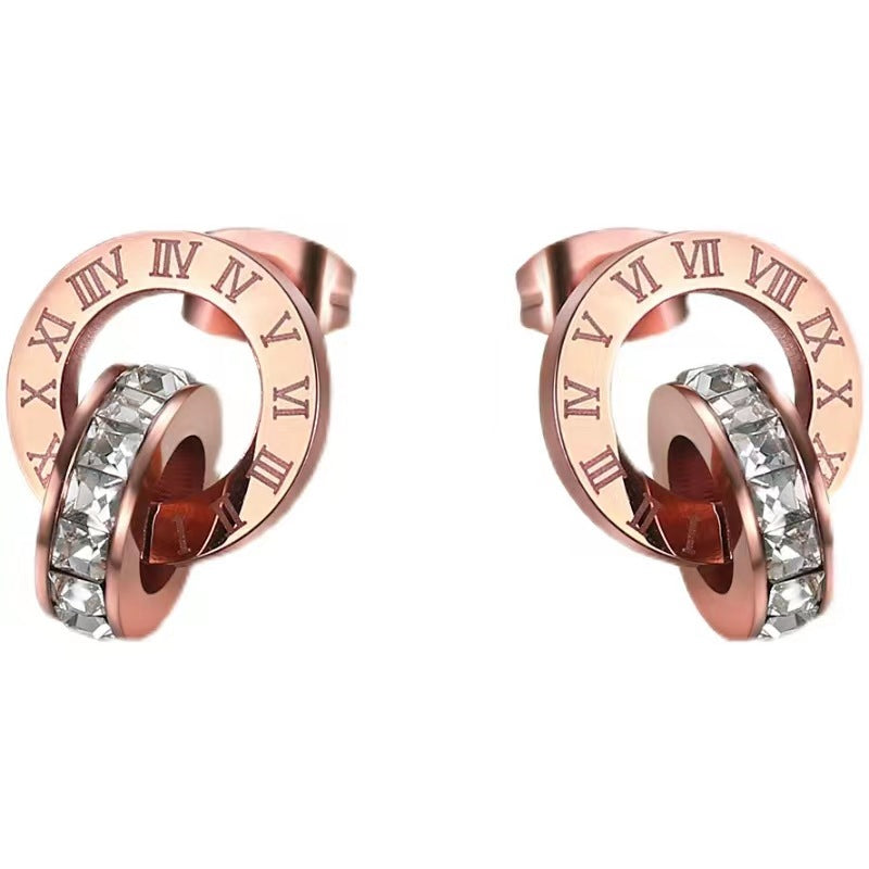 Wholesale Interlocking Double-Ring Earrings with Numbers Rose Gold Titanium Steel