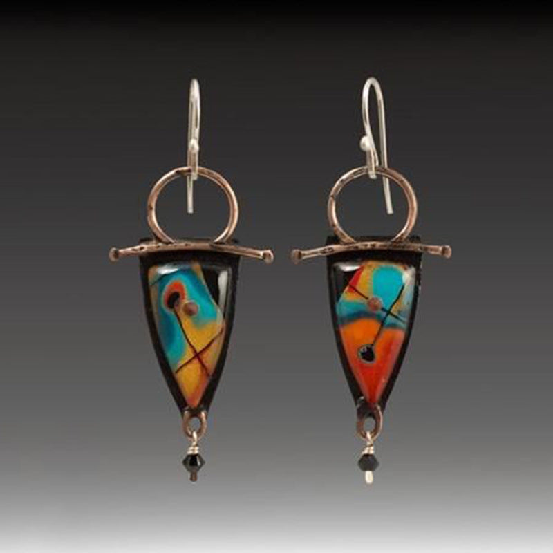 Wholesale  cat pattern geometric earrings  retro rectangular metal inlaid red gem handmade earrings