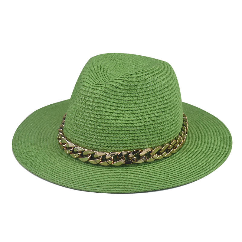 Wholesale Trendy Wide Brim Straw Hat With Gold Chain Decoration Flat Top Khaki Sun Hat For Summer Casual Wear