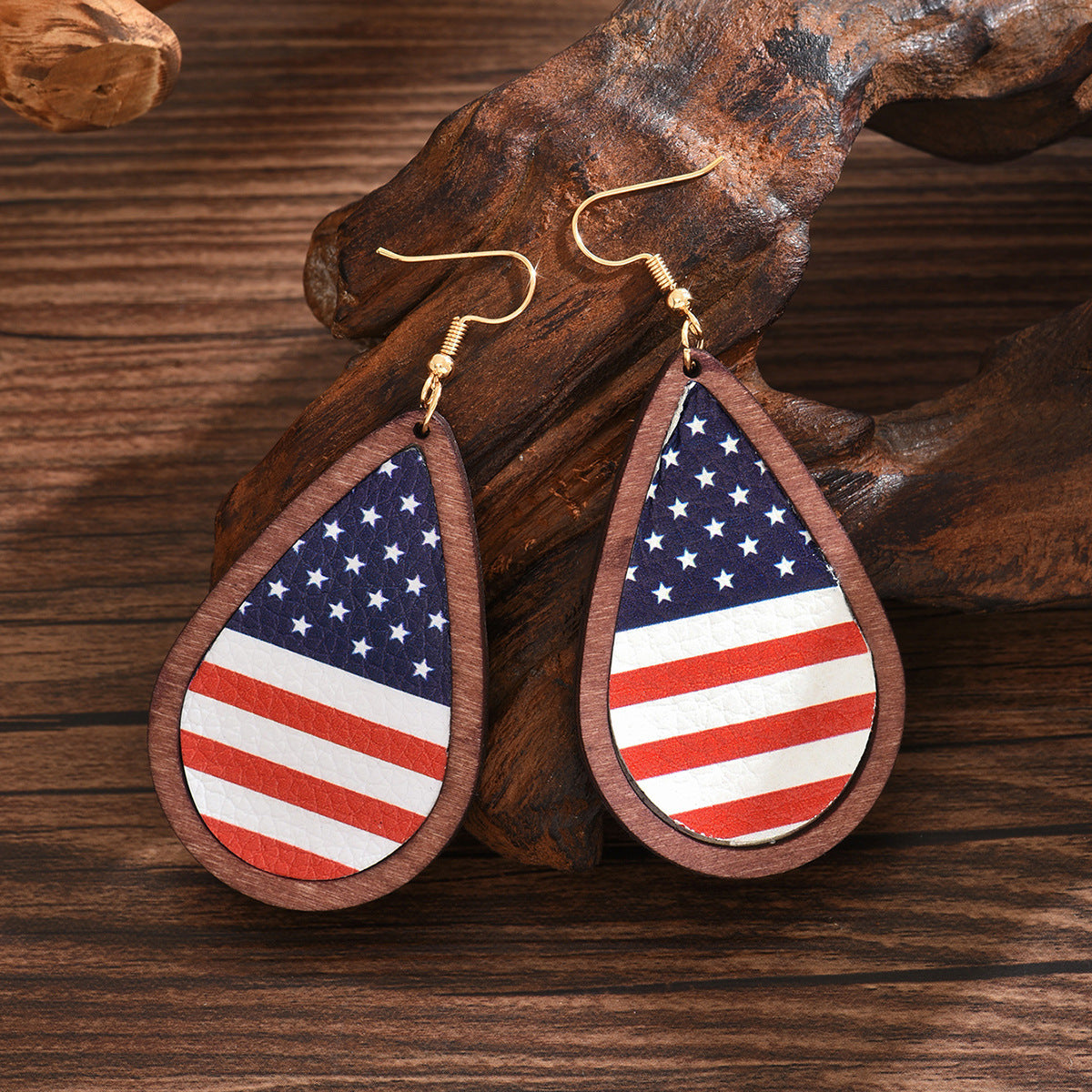 Wholesale American Independence Day Star Leather Pebbled Wooden Earrings ACC-ES-MT005