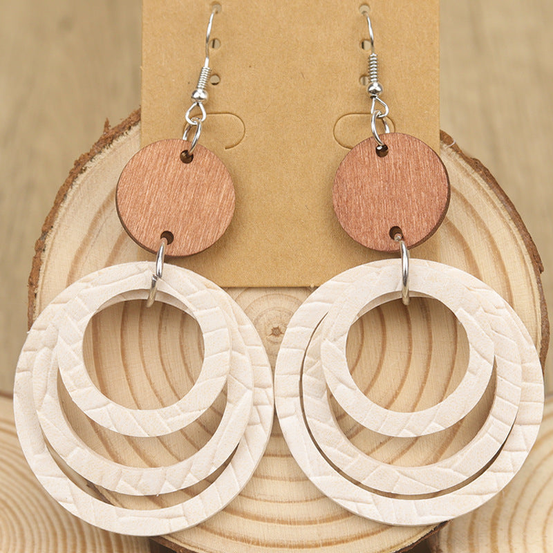 Wholesale Bohemian Style Multi-Layered Leather Ring Retro Splicing Small Wood  Earrings