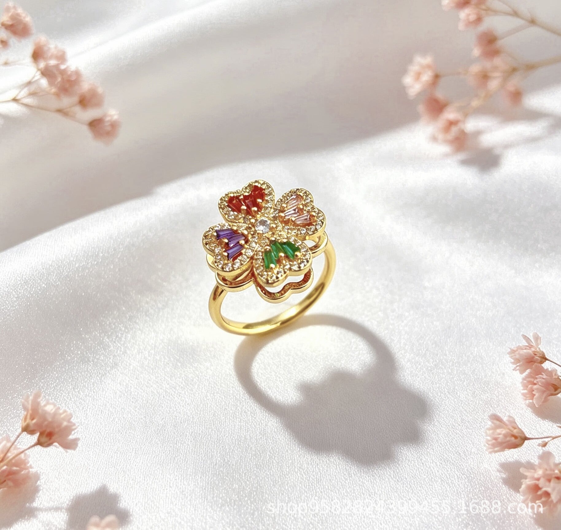 Wholesale 360° Rotating Double-Layer Flower Ring Gold Plated Zircon Fashion Accessory Boutique Gift