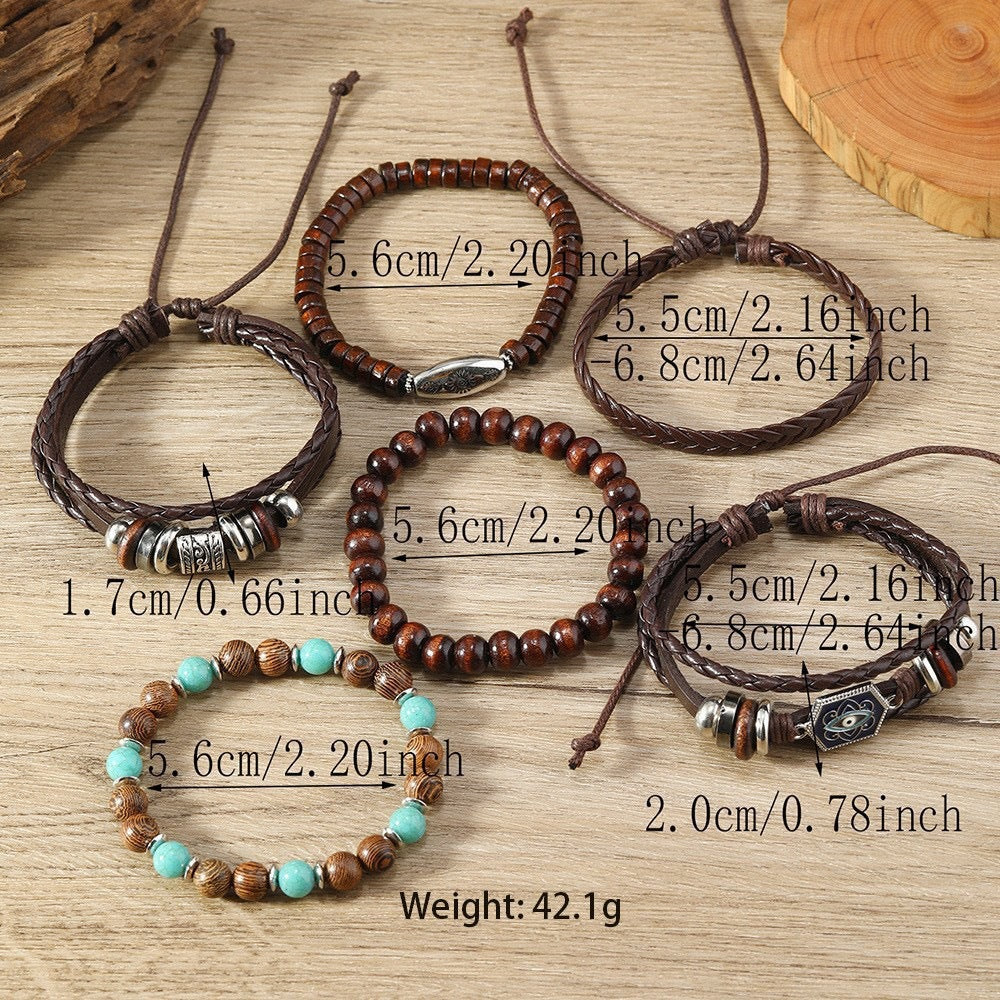 Wholesale Retro Style Eye Alloy Hexagonal Multi-Layer Leather Braided DIY 6-Piece Bracelet