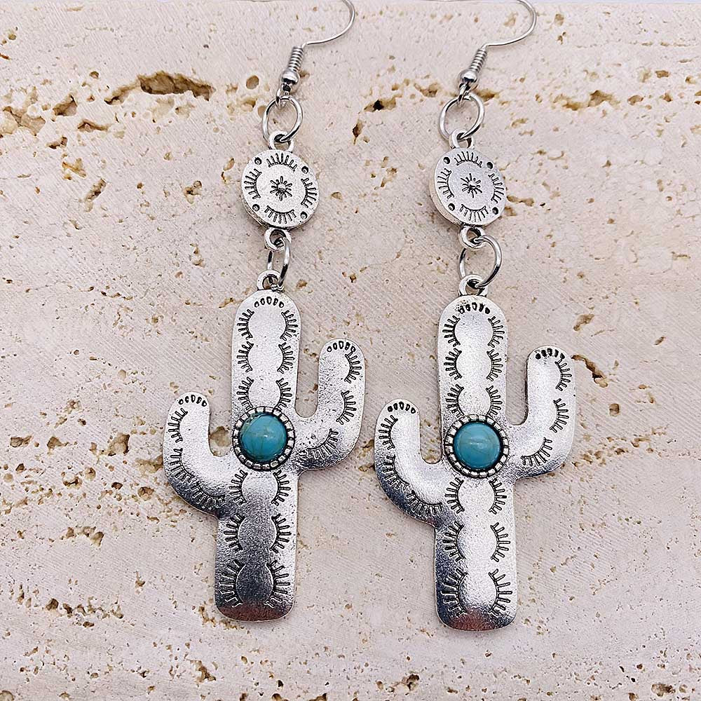 Wholesale Cactus earrings retro ethnic style concave-convex turquoise flower pendant  earrings