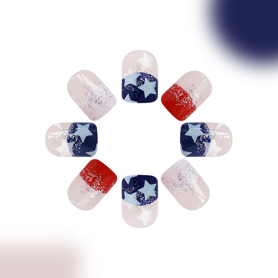 Wholesale 24 Pieces/box American Independence Day Short Glossy Red and Blue Color Glitter Manicure Press-on Nails Kits Nail Stickers ACC-NS-GuaiXL013