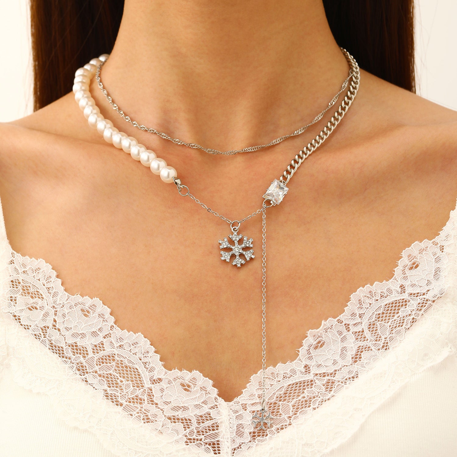 Wholesale Fashion Layered Imitation Pearl Cross Heart Butterfly Necklace Alloy Jewelry for Women