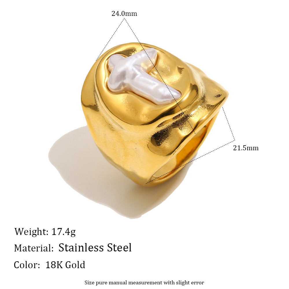 Wholesale 18K Gold Plated Imitation Pearl Cross Oval Ring,  Niche Style Fashion Jewelry Accessory for Boutique Resale