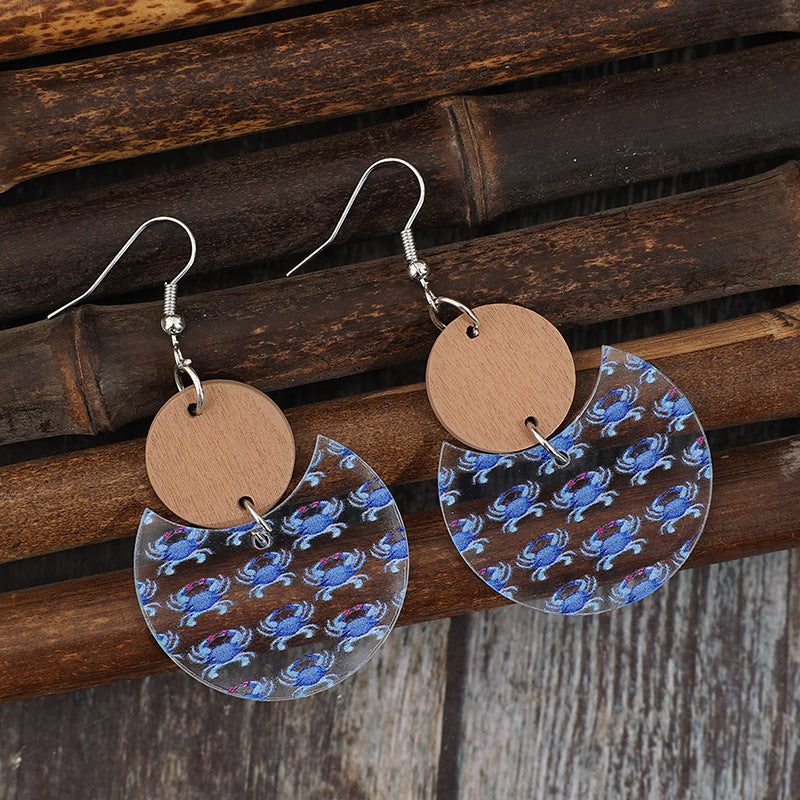 Wholesale small disc stitching crescent print crab acrylic earrings
