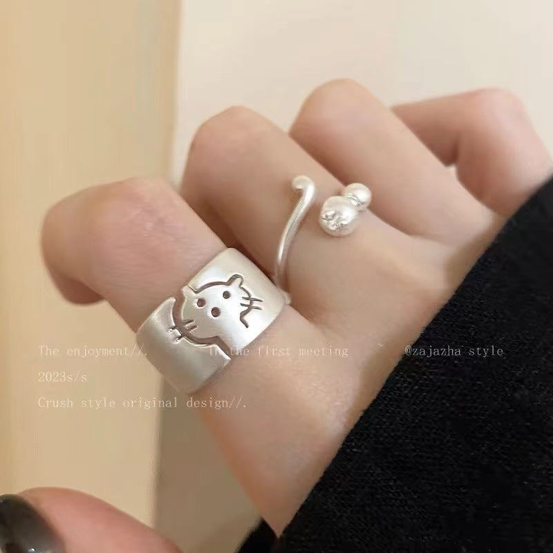 Wholesale Cartoon Cute Silver Matte Cat Ring