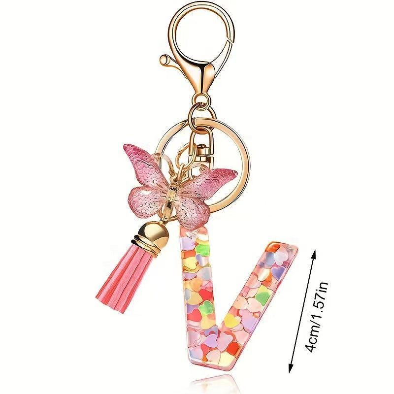 Wholesale Trendy Cute 26 Piece Alphabet Initial Keychain Set With Tassel Butterfly Pendant Bag Charm Gift
