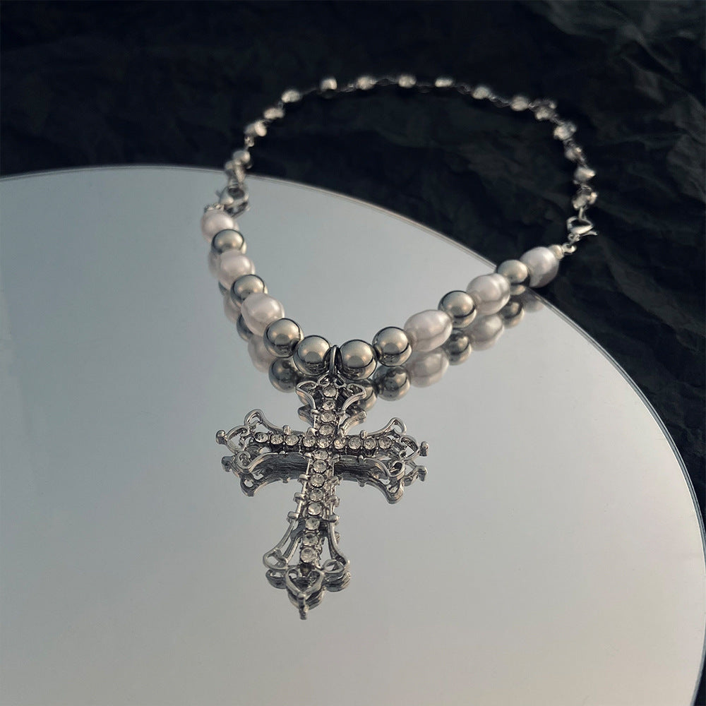 Wholesale  Stainless Steel Diamond-encrusted Pearl Cross Necklace