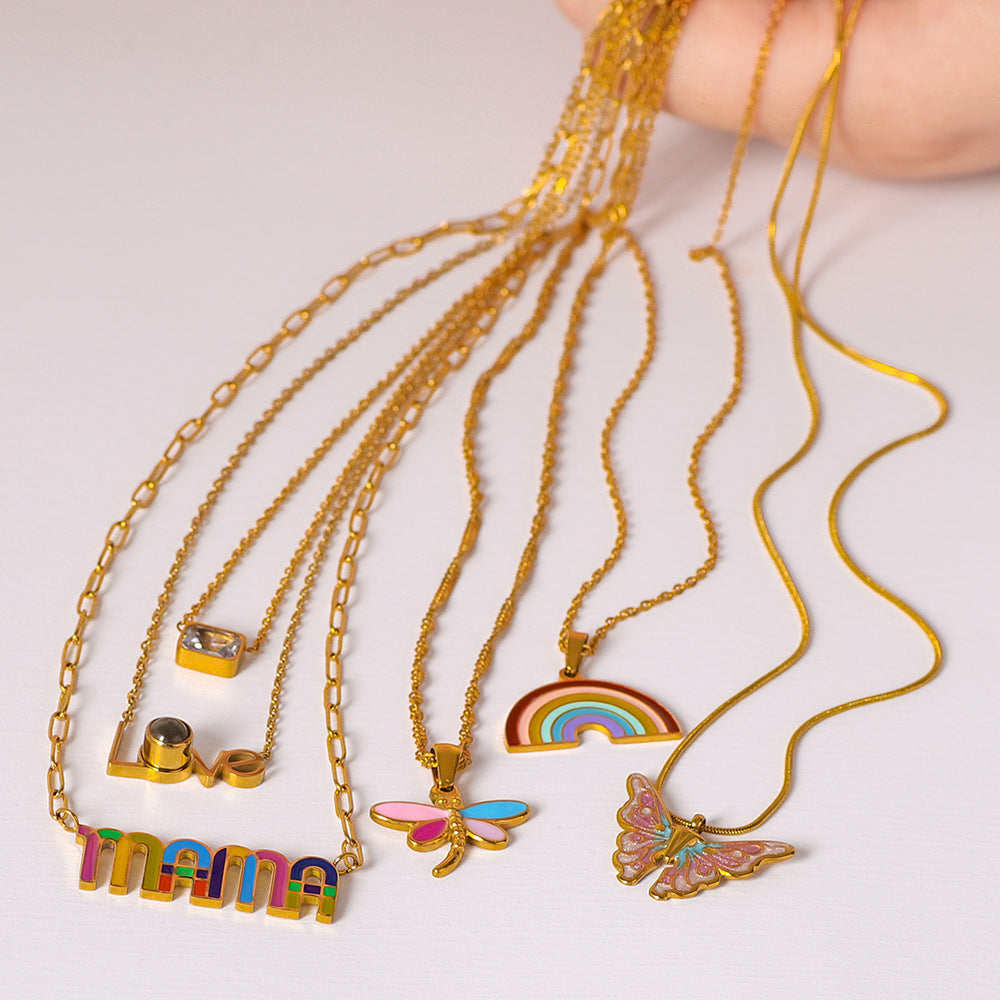 Wholesale Stainless steel plated 18k gold simple butterfly rainbow love color necklace