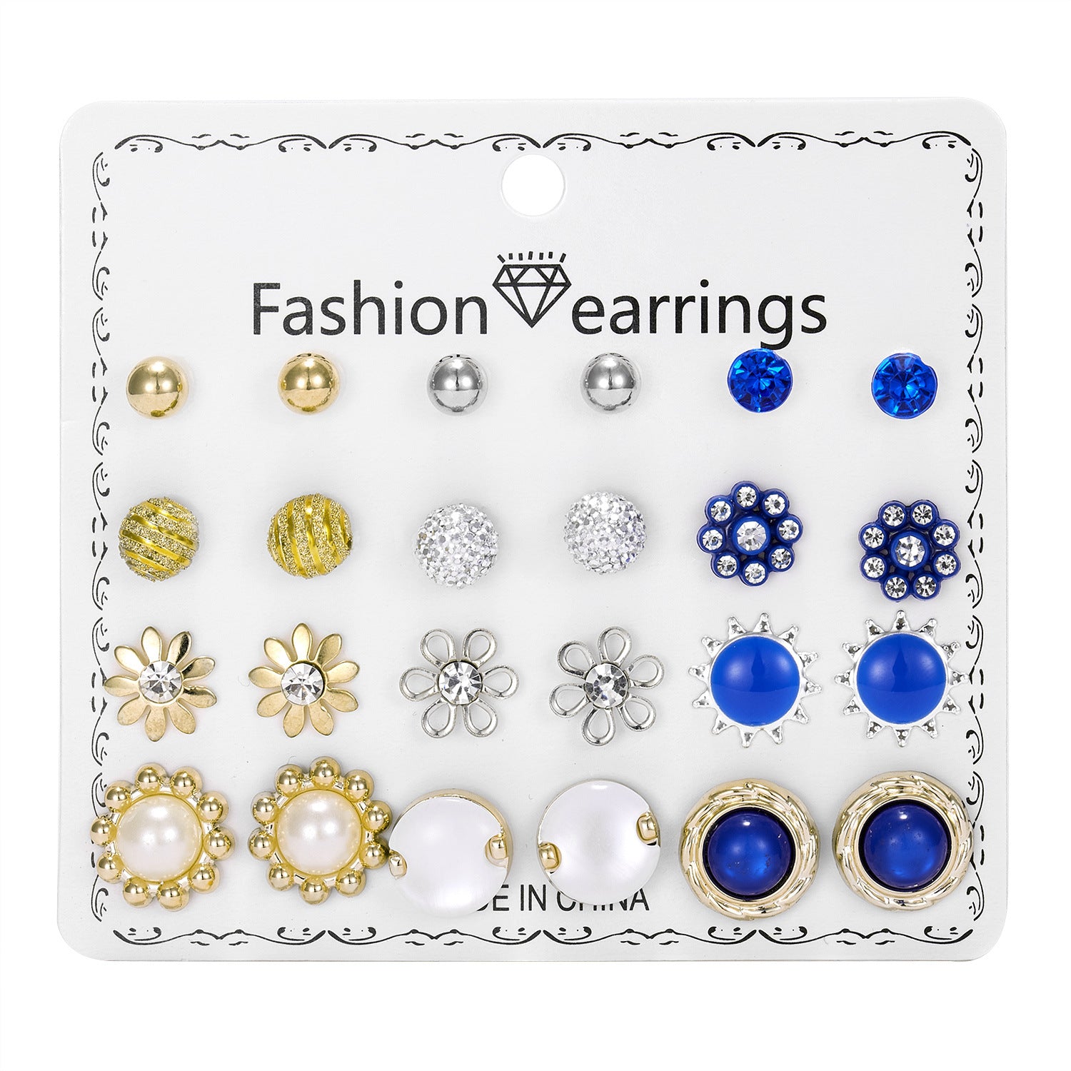 Wholesale 12pcs/set Pearl Rhinestone gold ball combination card earrings set