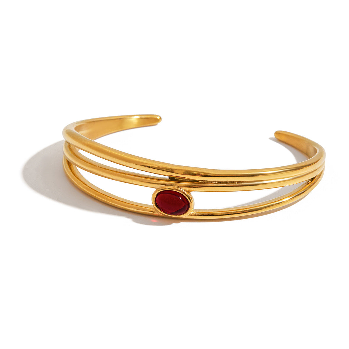 Wholesale 18K gold stainless steel red natural stone three-layer hollow open bracelet jewelry