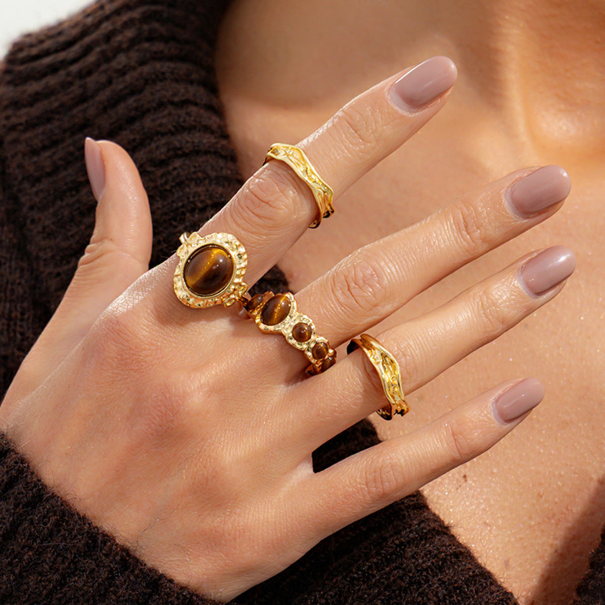 Wholesale Modern Irregular Gemstone Ring Set Women Fashion Jewelry Accessory Gift