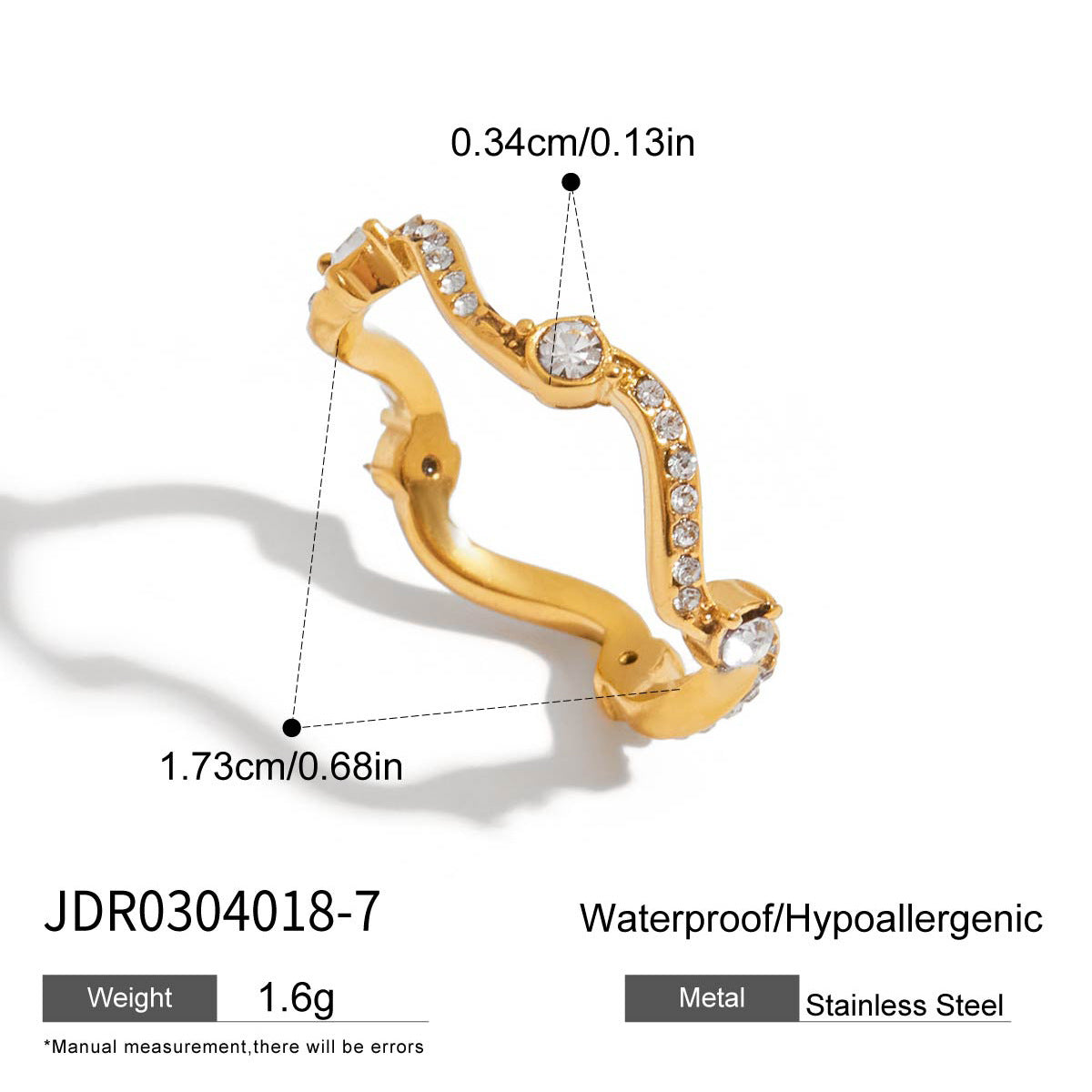 Wholesale 18K Gold Stainless Steel Wave Ring with White Diamonds