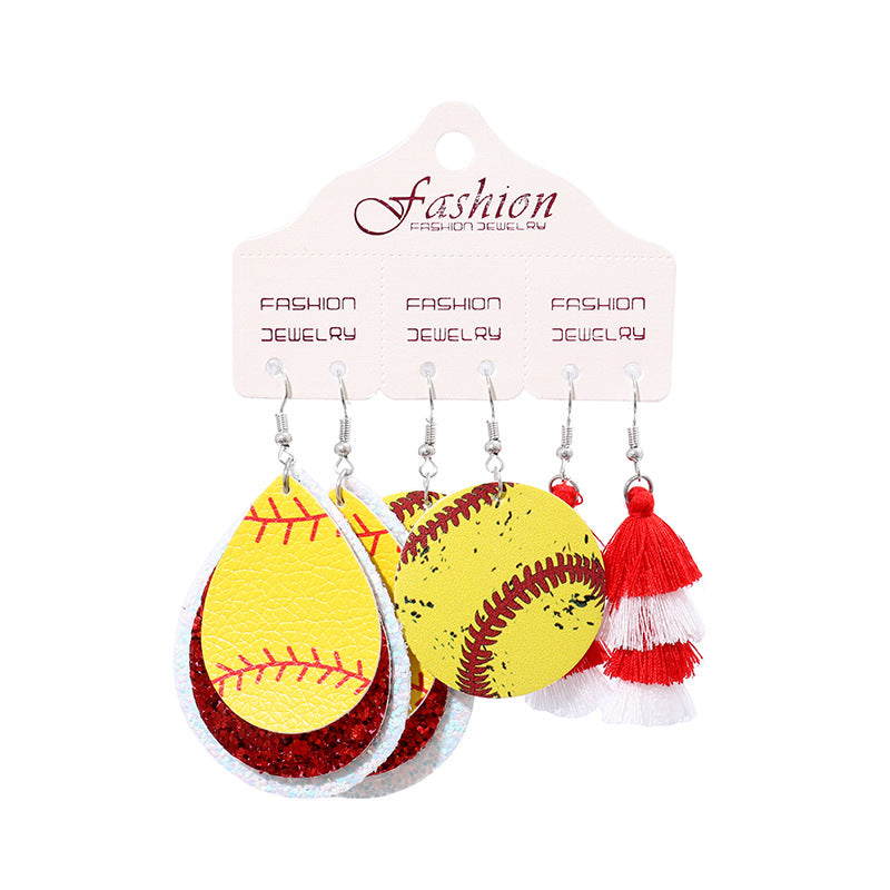 Wholesale 2 Sets Christmas Independence Day Football Rugby Softball Multi-layer Tassel Cheerleading PU Leather Earrings Set ACC-ES-HY128