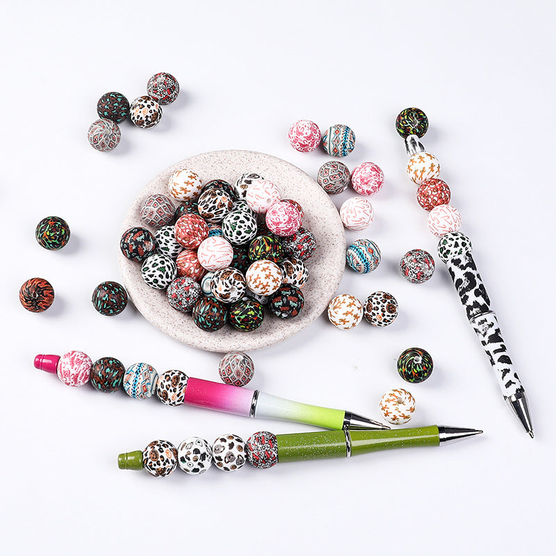 Wholesale 100pcs Western Style Aztec Denim Leopard Print 15mm Silicone Beads DIY Beading Accessories ACC-BDS-RongFa009