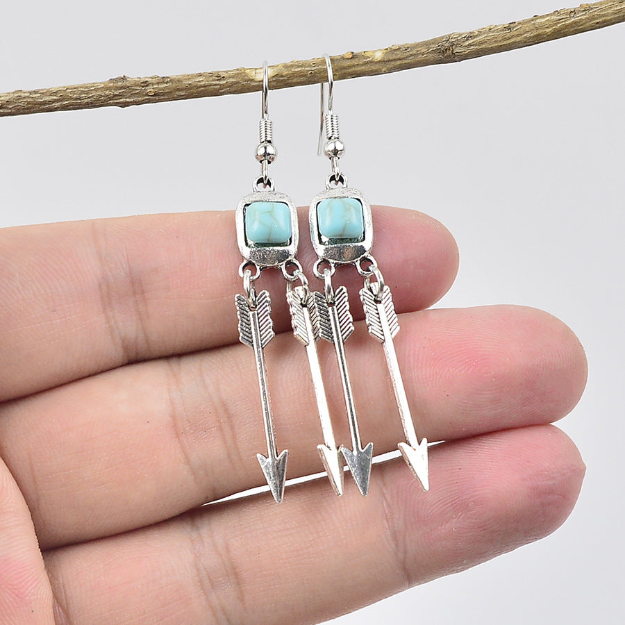 Wholesale Medieval Style Antique Silver Turquoise Feather Arrow Earrings Zinc Alloy Electroplated Jewelry Accessory