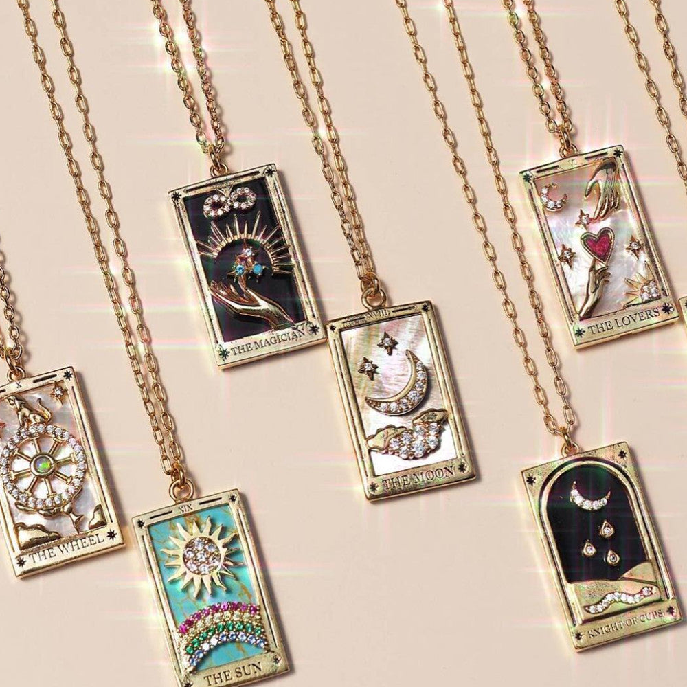 Wholesale Gold-plated Tarot Card TAROT Necklace with Diamond and Oil Square Cards ACC-NE-Jipei009
