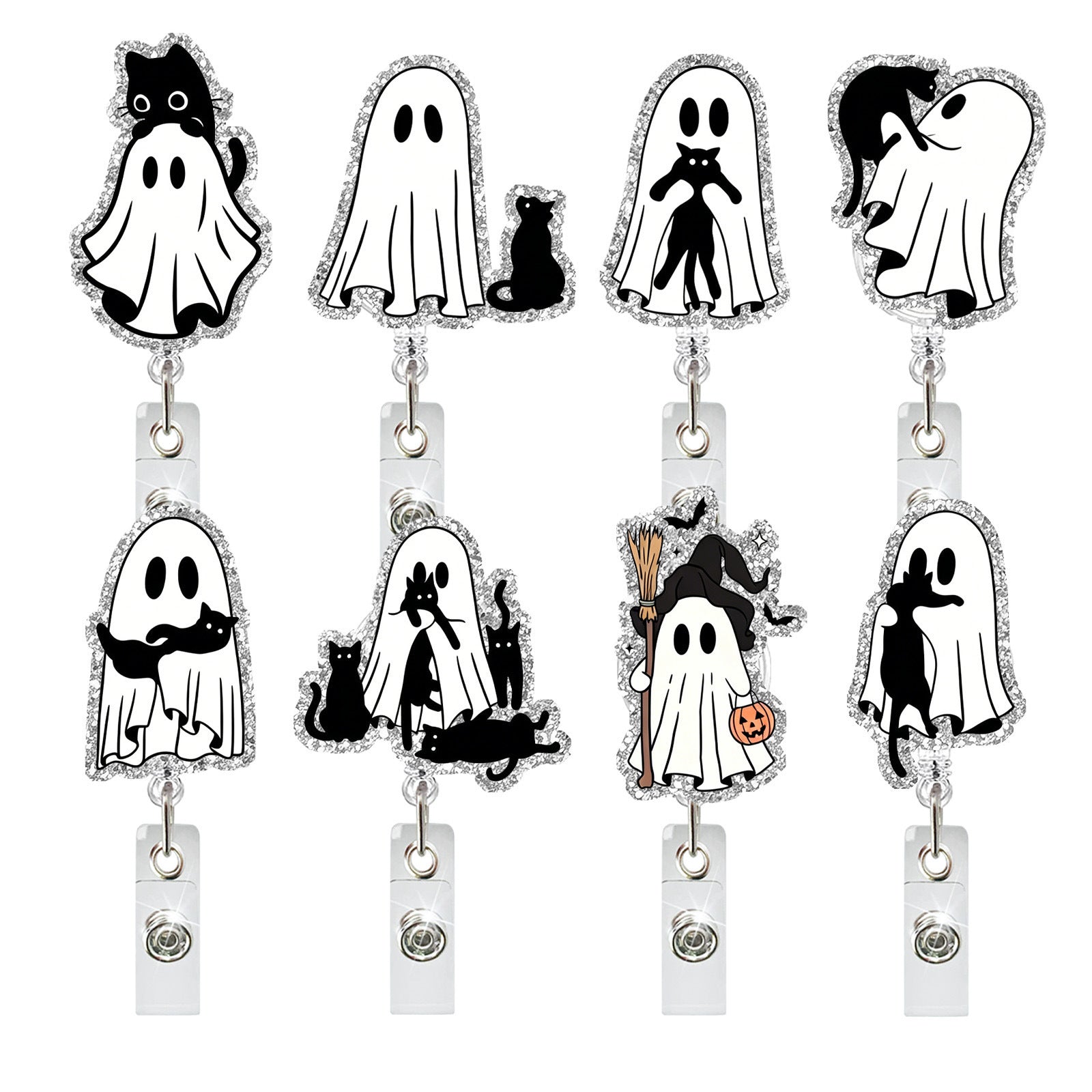 Wholesale  Ghost Black Cat Glitter Retractable Badge Reel - Trendy Fashion Accessory Gift