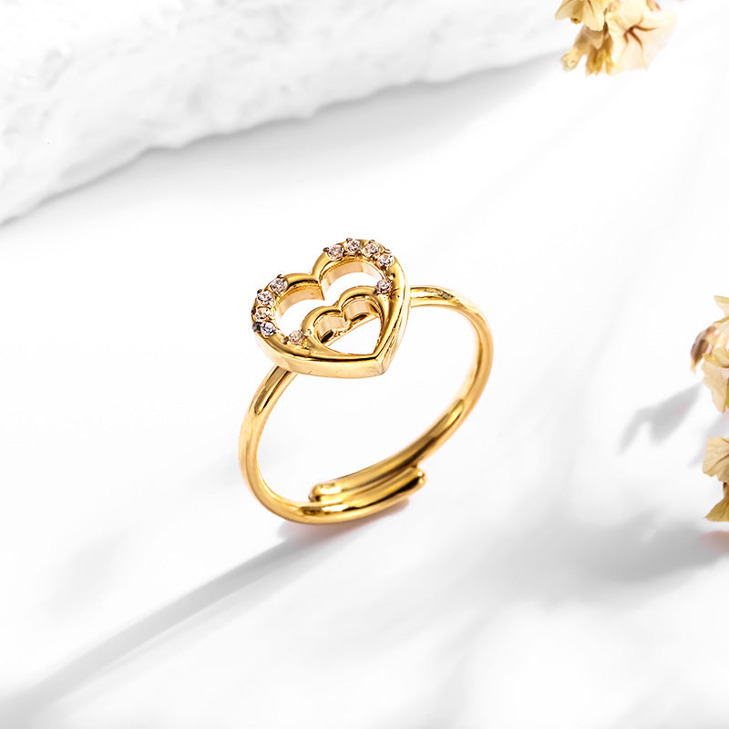 Wholesale 2PCS Titanium steel heart-shaped zircon open ring