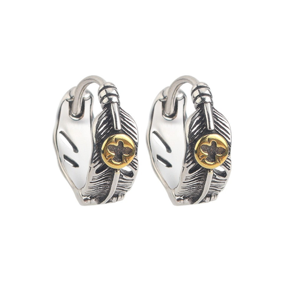 Wholesale Vintage Feather Earring Stud for Men,  Copper Electroplated,  Trendy Jewelry Accessory