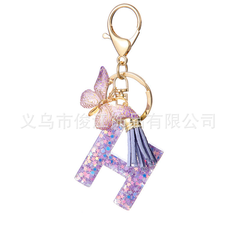 Wholesale Purple Star Tassel Resin Keychain 26 English Letters Bag Charm For Women Students Fashion Decorative Accessory