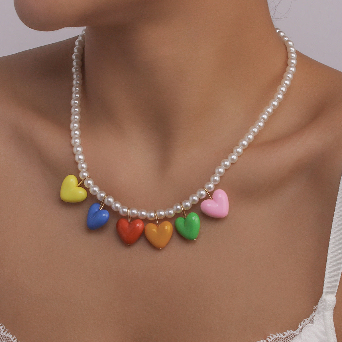 Wholesale  Rainbow Love Pendant Pearl Beaded Necklace